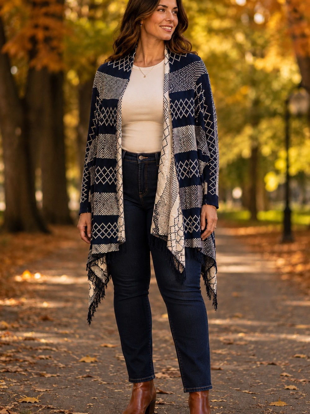 Madison Navy and White Open-Front Geometric Fringe Cardigan